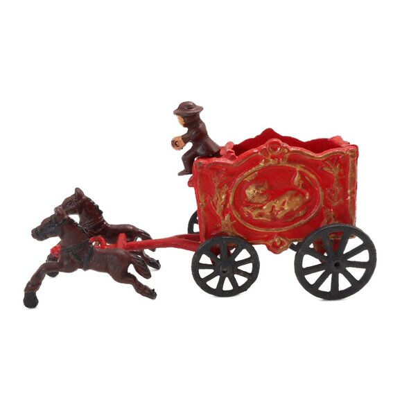 Vintage Cast Iron Horse Drawn Red Lion Circus Wagon With 2 Horses and Driver - Picture 1 of 10